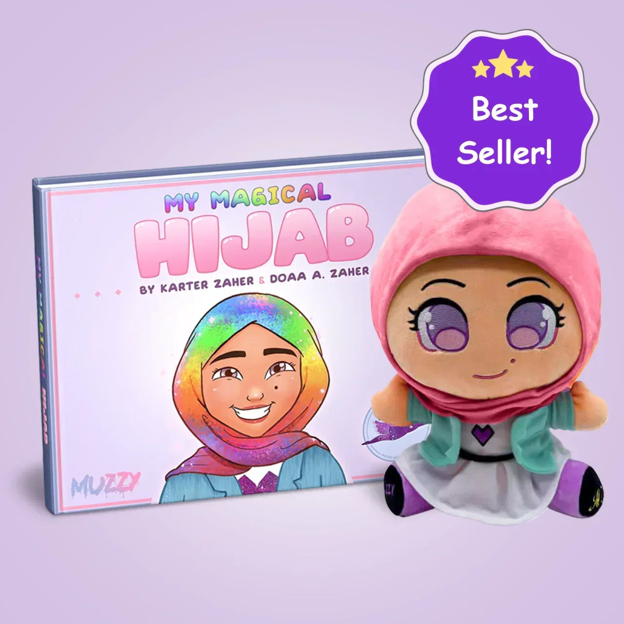 Cute plush doll wearing a purple hijab and colorful outfit, smiling with big eyes.