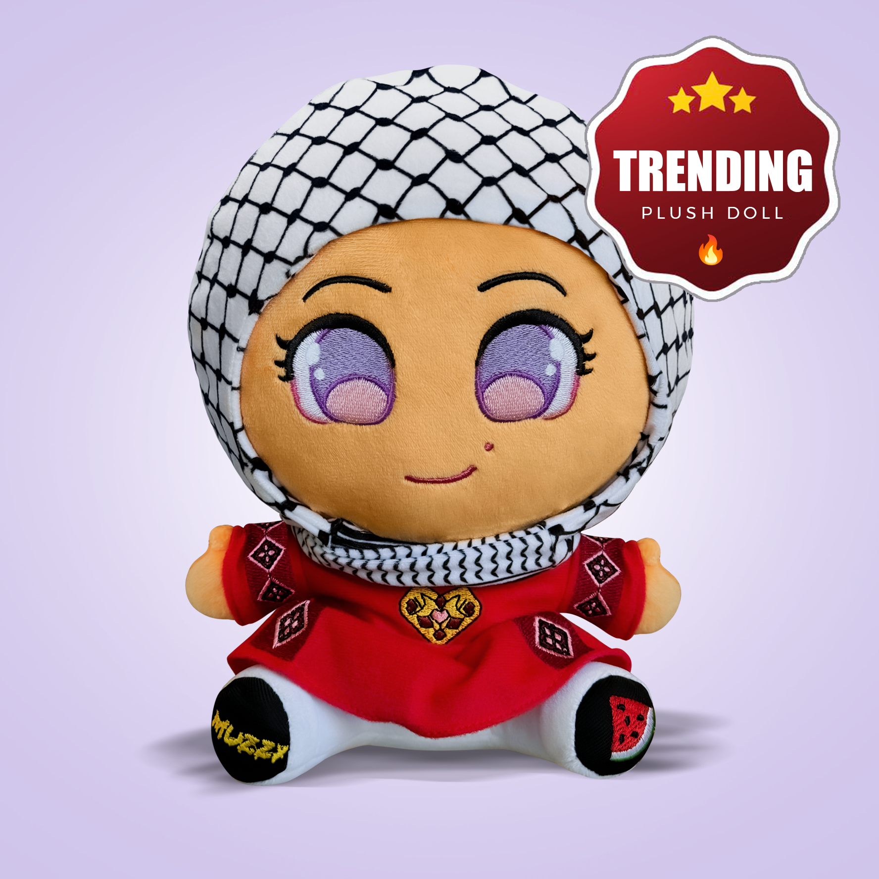 Cute plush doll wearing a purple hijab and colorful outfit, smiling with big eyes.