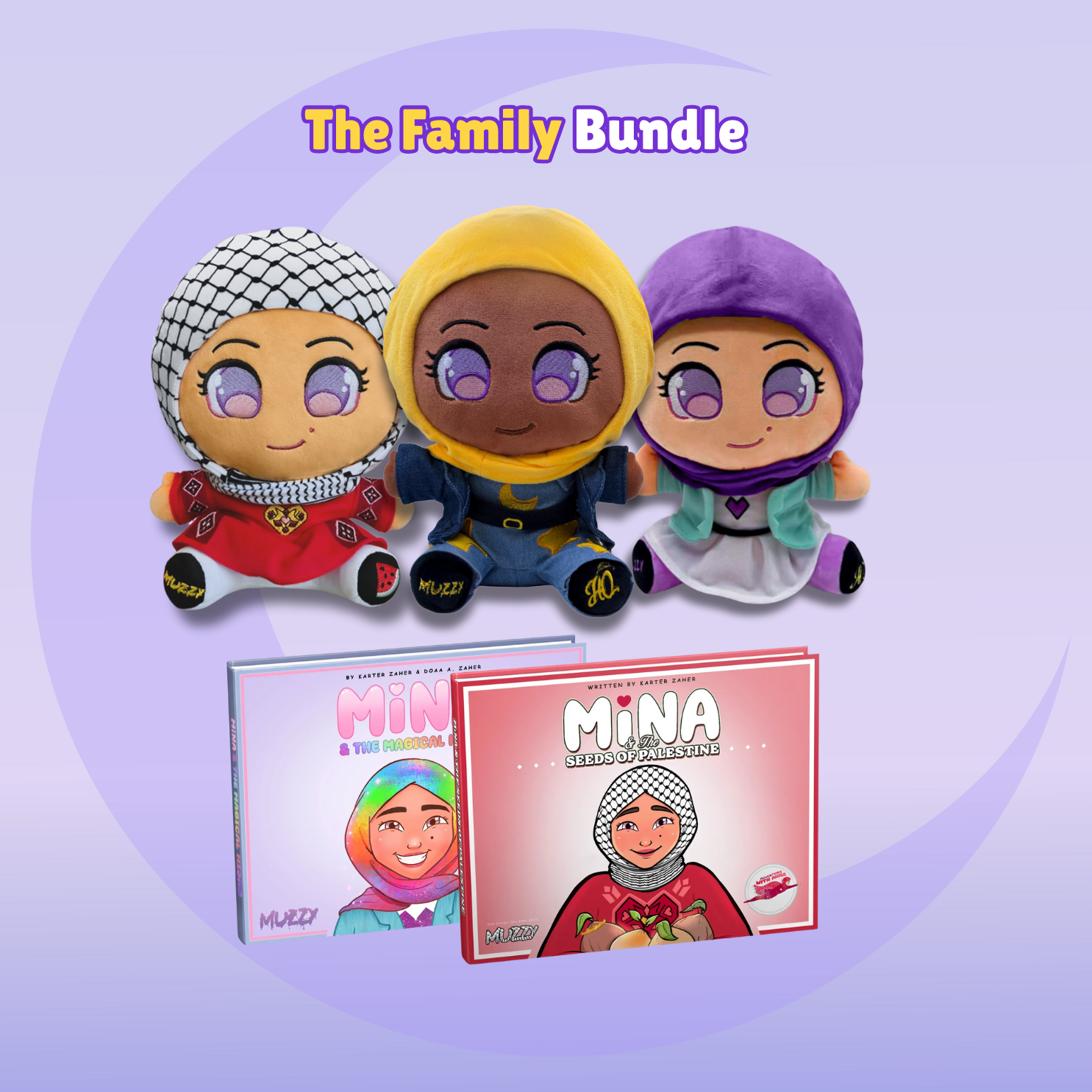 Cute plush doll wearing a purple hijab and colorful outfit, smiling with big eyes.