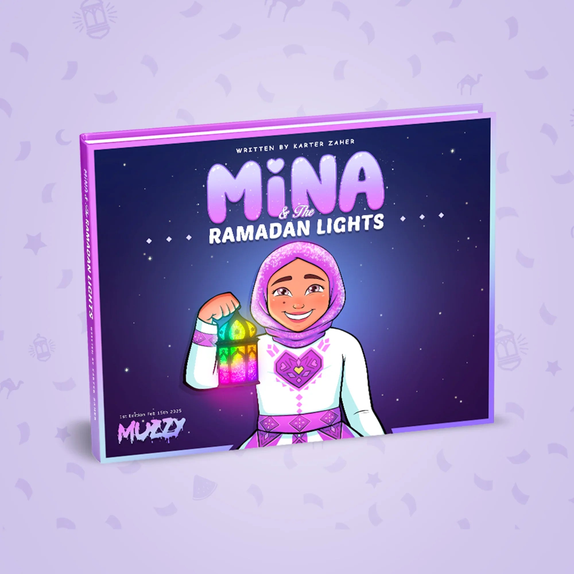 Cute plush doll wearing a purple hijab and colorful outfit, smiling with big eyes.