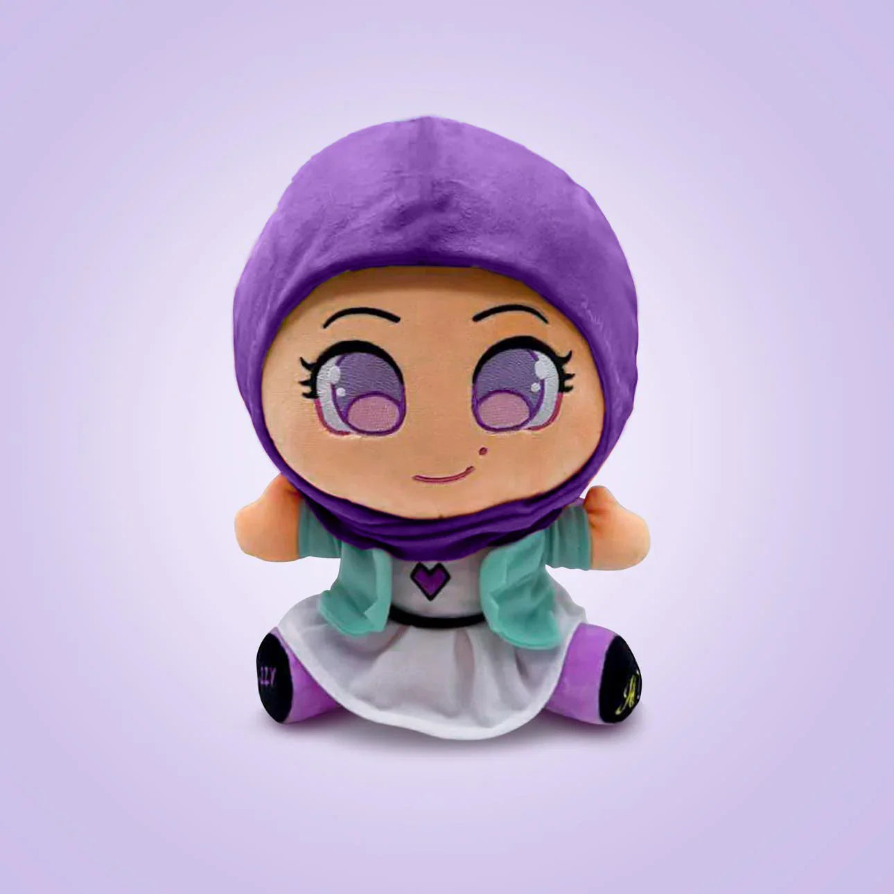 Cute plush doll wearing a purple hijab and colorful outfit, smiling with big eyes.