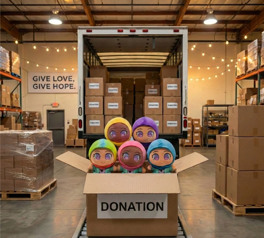 Muzzy plush dolls packed into a donation box in front of a delivery truck
