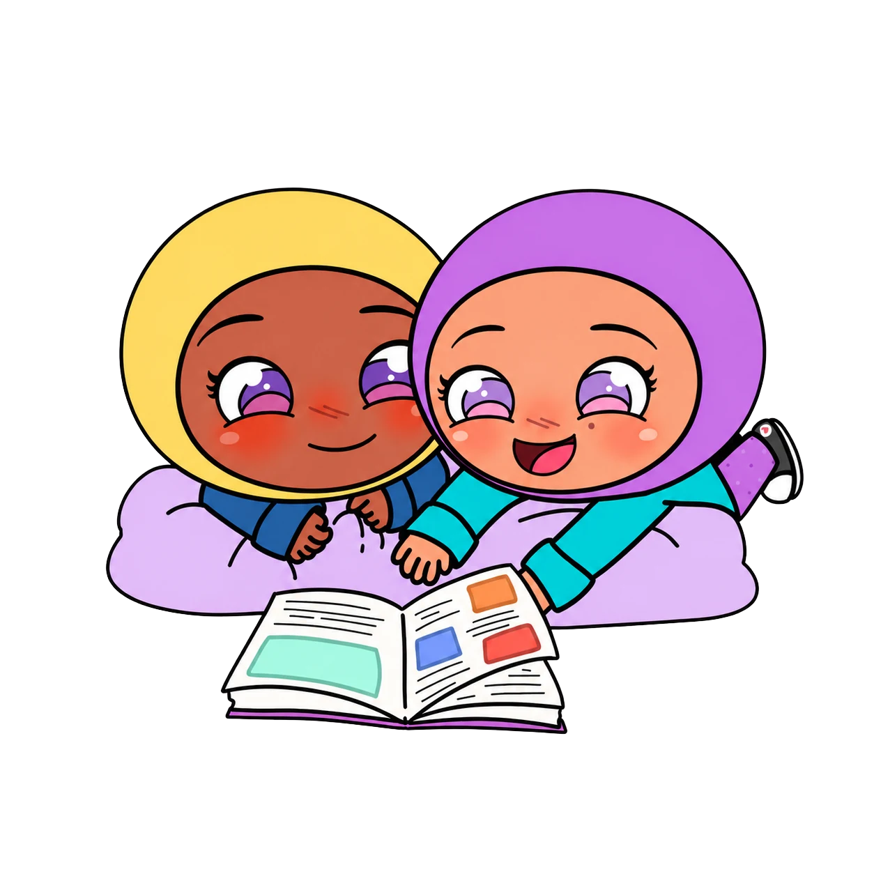 Mina and Luna reading a Muzzy book